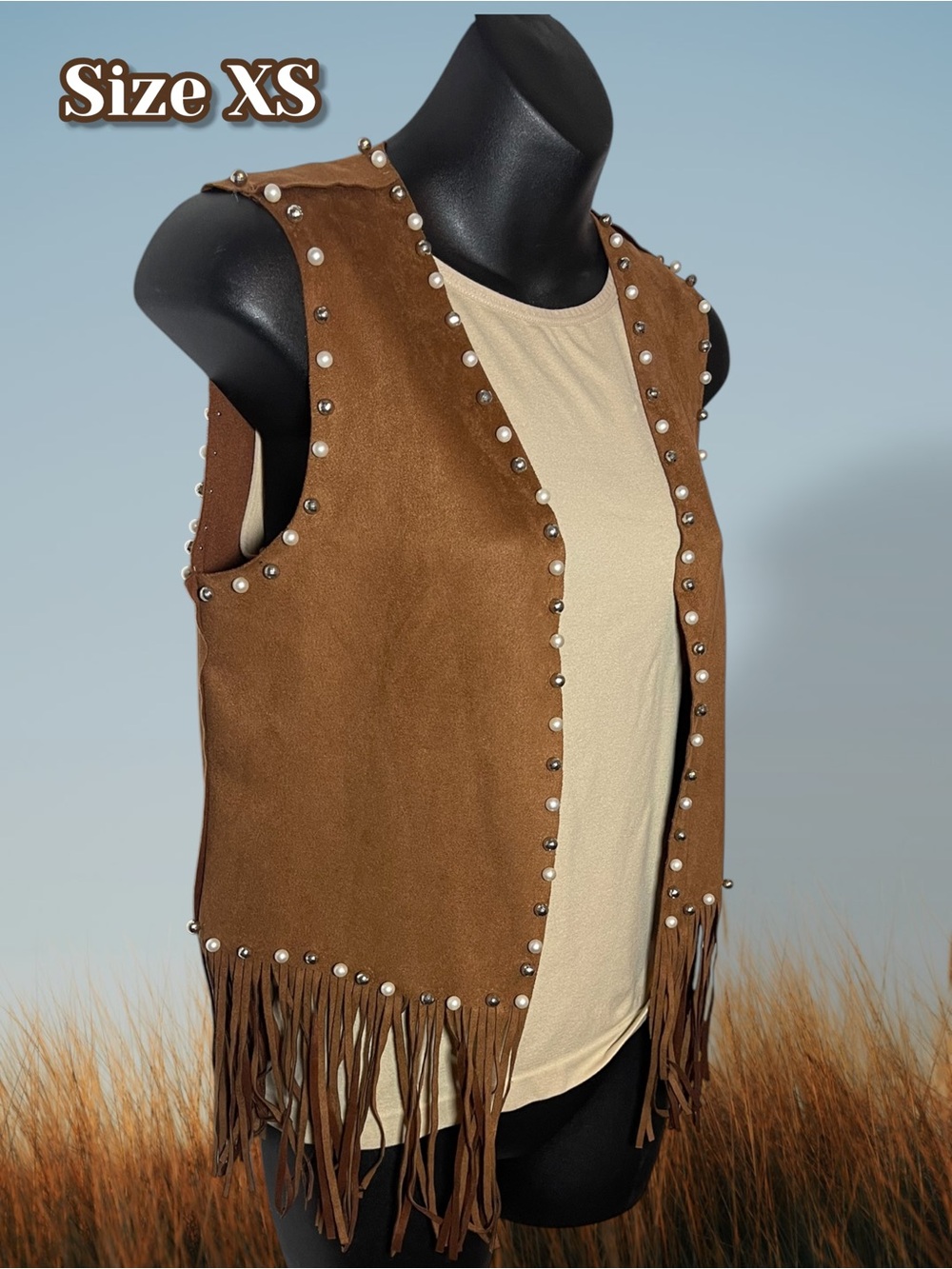 Brown Faux Suede-Style Fringe Vest with Embellishments Country Concert Size XS
